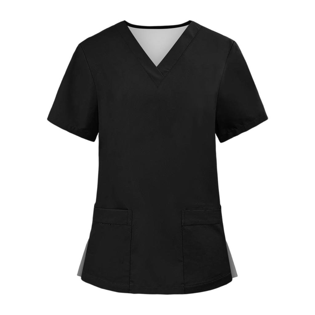 Soild Scrub Working Uniform Suit For Women's Cross V-Neck Short Sleeve Fun T-Shirts Workwear Tee With Pockets