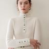 Women's 100% Cashmere High Neck Sweater, Slim Fit, Base Layer, Gold Button Detail, Knit