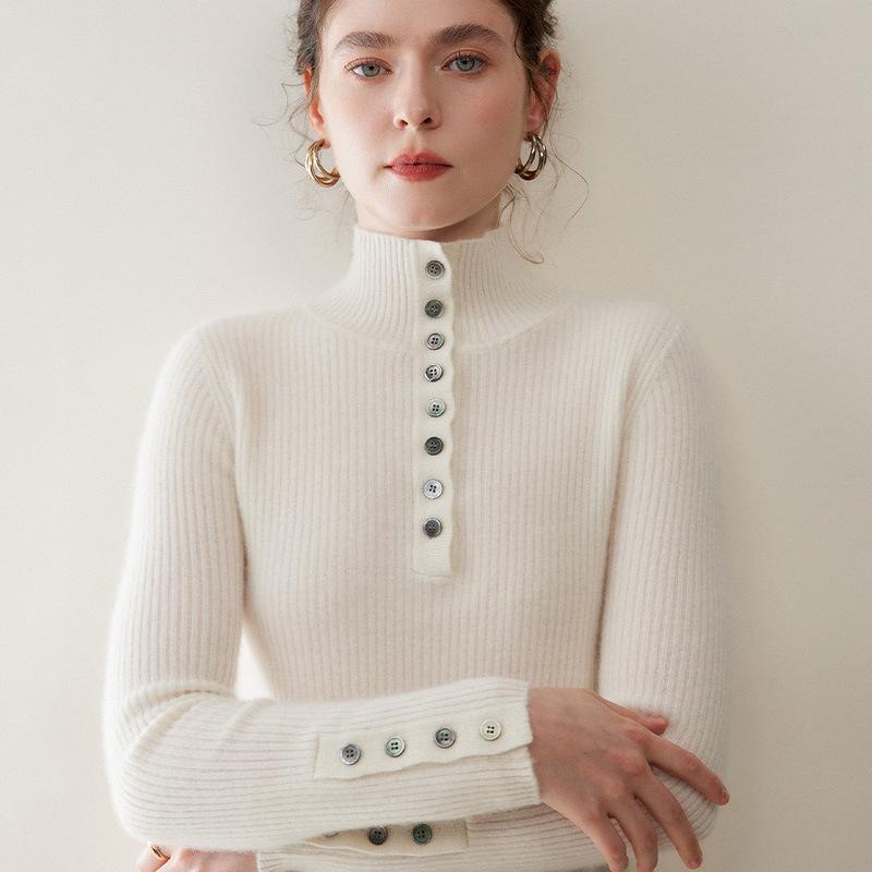 Women's 100% Cashmere High Neck Sweater, Slim Fit, Base Layer, Gold Button Detail, Knit