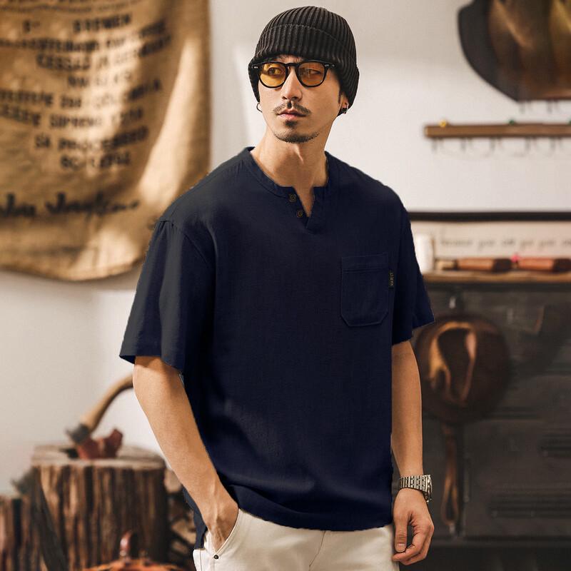 JIELEINUO Men s American Retro Linen Blend Henley Polo Shirt XL
