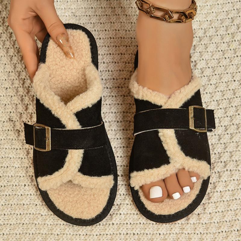 Large size new one-word slippers fleece casual flat-bottomed fluffy slippers women's warm retro cotton mop