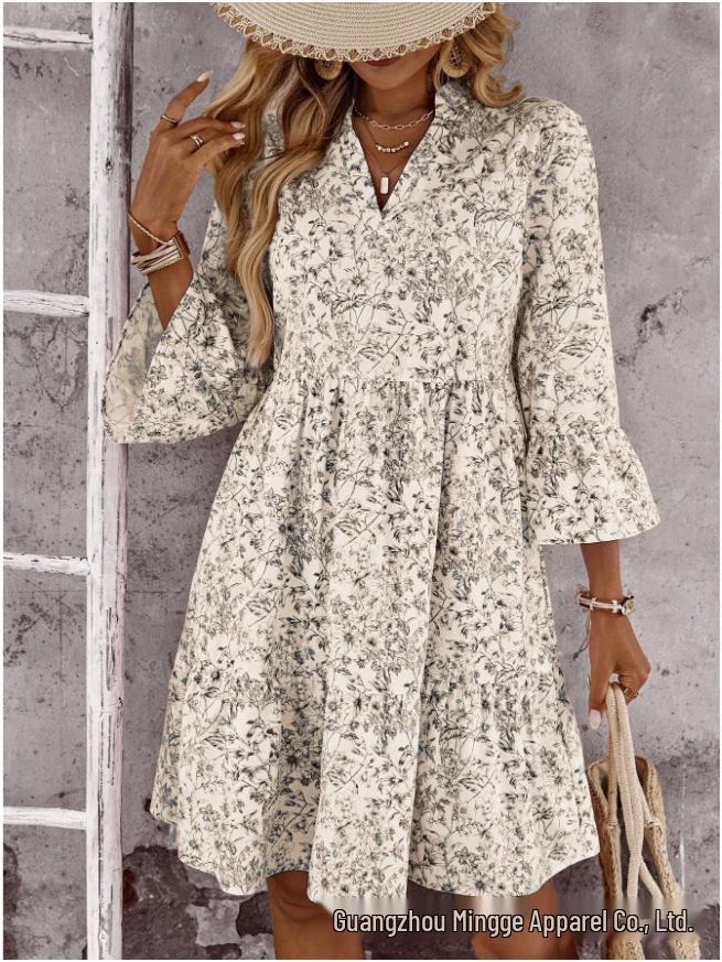 Elegant Multi-color Print Long Sleeve Dress for Women