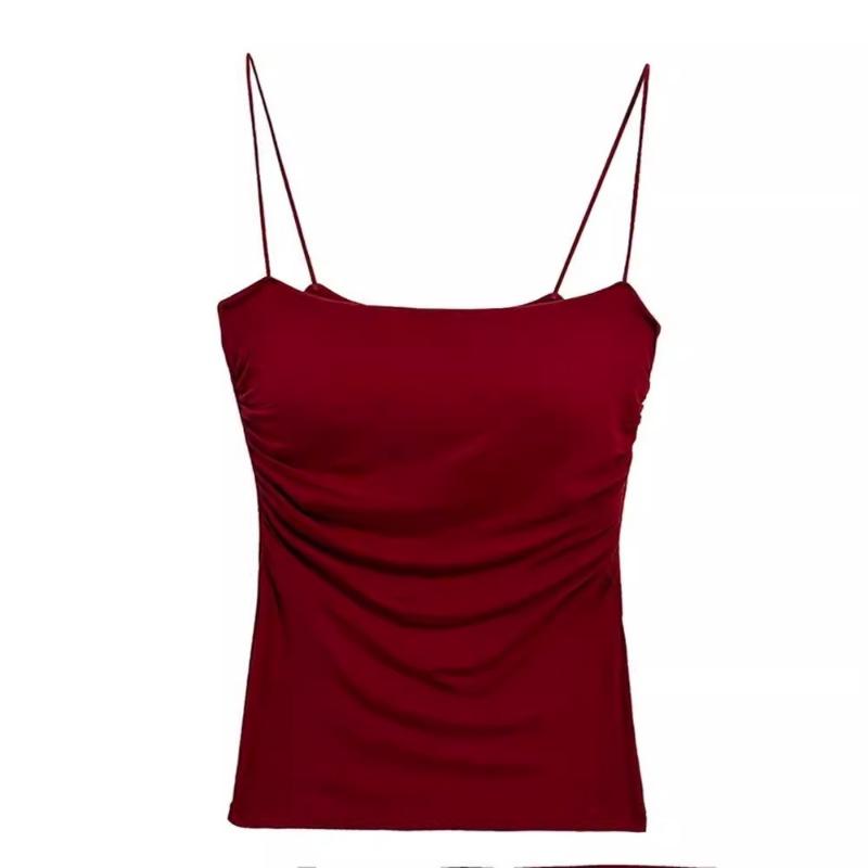 French Pure Sexy Spice Camisole Women Summer Pleated Slim-fit with Chest Thin Strap with Breast Pad Top