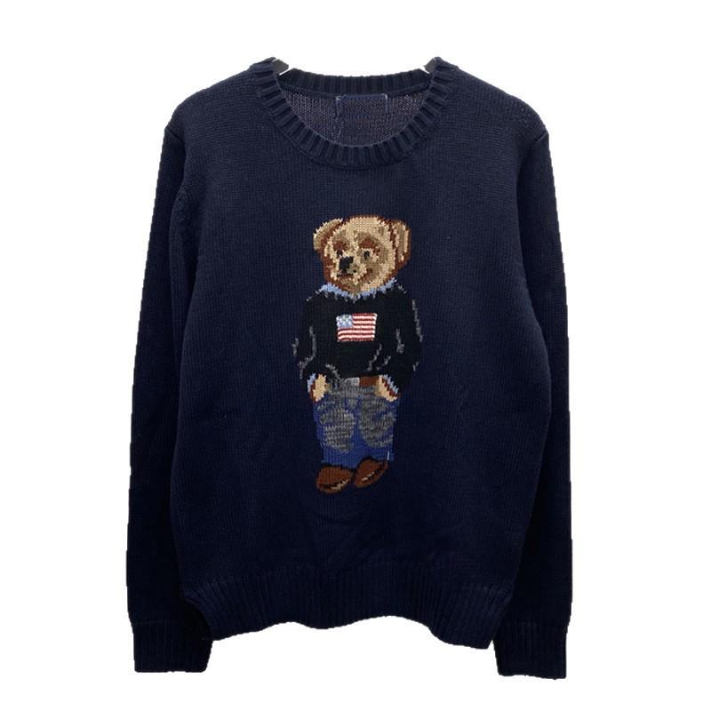 Cartoon Bear Embroidered Jacquard Knit Sweater - Women's Long Sleeve Round Neck