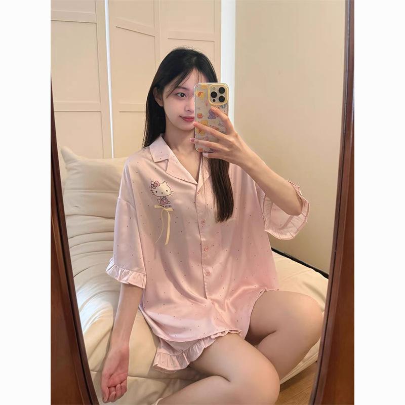 

Korean ins premium polka dot Kitty pajamas women s summer short-sleeved shorts lace two-piece set women s loungewear S
