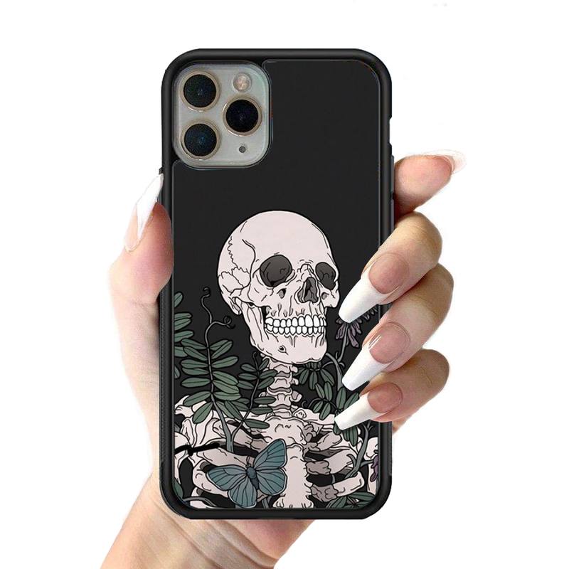 Skeleton Skull Flowers Phone Case Silicone PC+TPU Case for iPhone 11 12 13 Pro Max 8 7 6 Plus X SE XR Hard Fundas