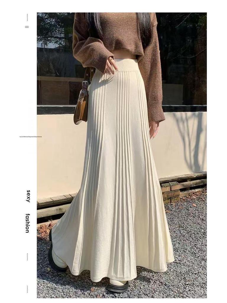 Women's High-Waist Ankle-Length A-Line Knitted Pleated Skirt - Autumn/Winter