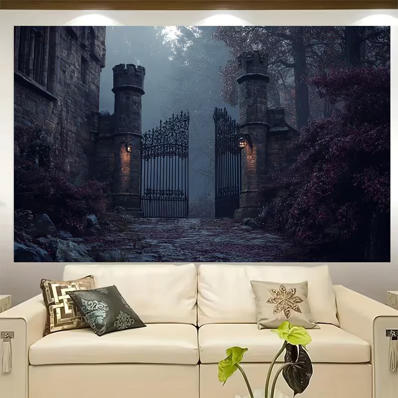 2D Gothic Mansion Iron Gate Backdrop Misty Forest Castle Entrance Party Decor