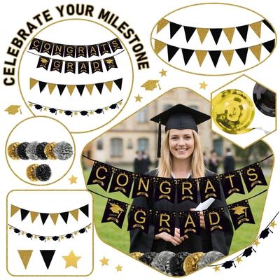 Graduation Party Decoration Banner Congrats Grad Paper Fans Hanging Swirls Tassels Garland Set Indoor Graduation Celebration Supplies