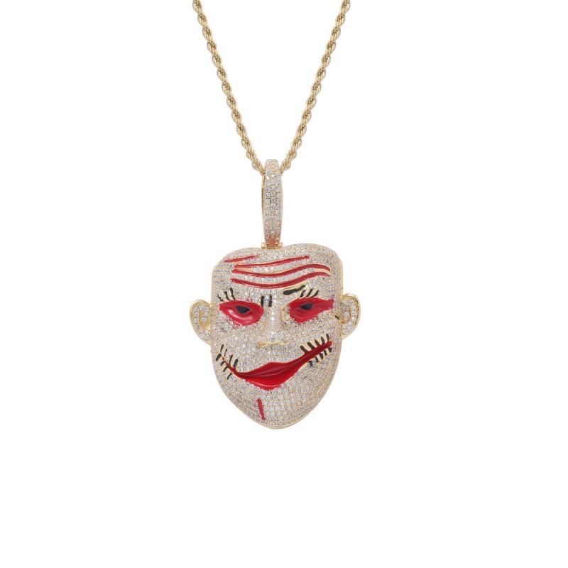 Clown Pendant Necklace Men Hip Hop Style Zinc Alloy CZ Stone Charm Halloween Costume Accessory