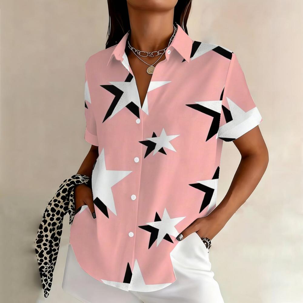 Simple and personalized gradient color printed summer women's plus size lapel short sleeved shirt fashionable versatile top