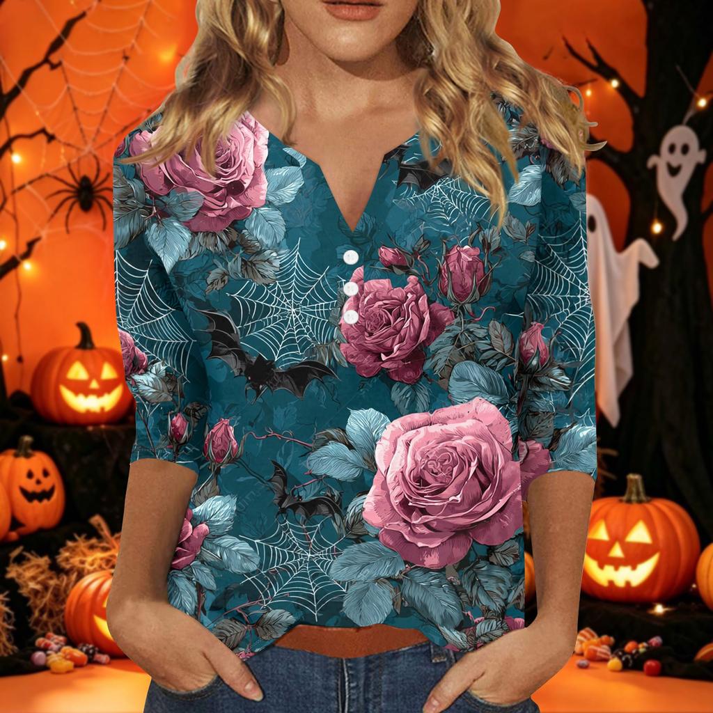 Women's Halloween Print V-Neck Short Sleeve T-Shirt with Decorative Buttons for Casual Fall Outfits