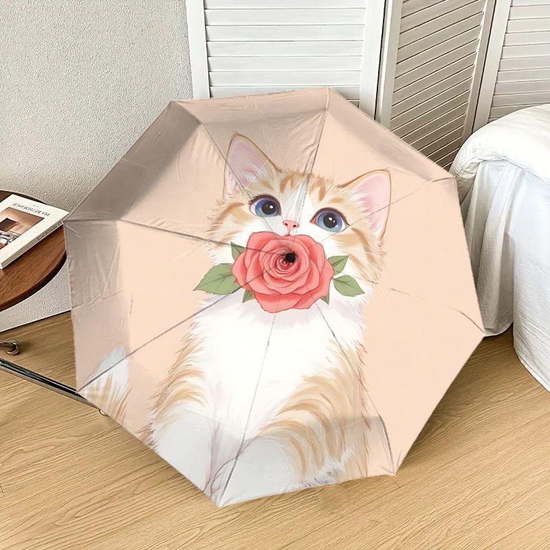 Adorable Cat with Rose Print Umbrella: Automatic Opening/Closing, Outdoor Protection, Lightweight and Durable Travel Accessory 087
