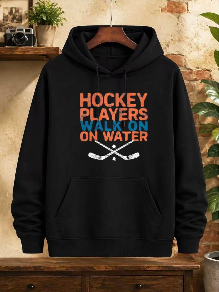 Vintage Graphic Hockey Players Walk On Water S250g Heavyweight Pullover with Pocket Adjustable Drawstring for Unisex Warm Sweatshi
