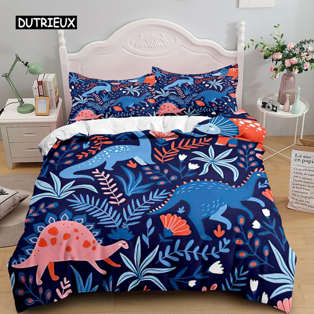 Cartoon Dinosaur Duvet Cover 3D Kawaii Animal Boy Bedding Set for Kids Girls Soft Microfiber Quilt Cover with Zipper Closure