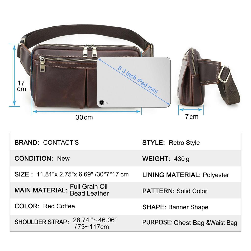 CONTACT'S Genuine Leather Crossbody Bag for Men 2025 New Style Male Waist Bags for 7.9 Inch iPad Men's Travel Money Pouch Crossbody Fanny Belt Bags