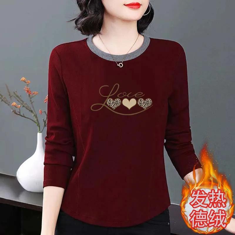 

Топ с круглым вырезом, новый осенне-зимний, с принтом, с длинным рукавом, теплый, облегающий, с надписью, для похудения, базовая рубашка 4XL красный