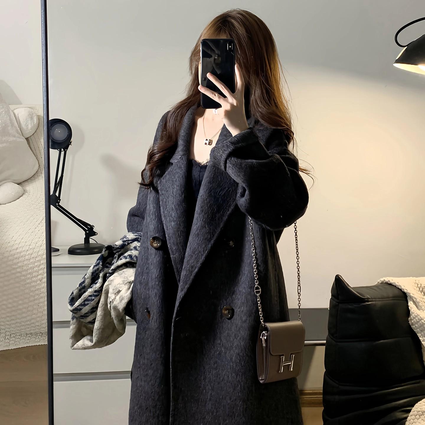 Женское шерстяное твидовое пальто, черно-серое, средней длины, Осень/Зима 2025, Корейский стиль, Премиальное качество. Medium