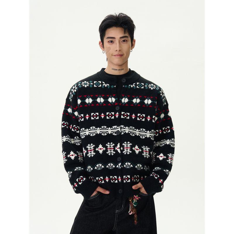 Kisko American Retro Fair Isle Jacquard Lazy Cardigan Sweater for Men and Women, Niche Relaxed Knitwear for Couples