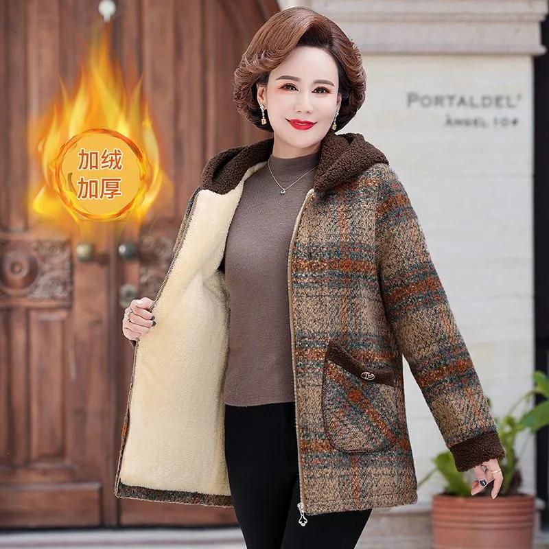 Kabát pro ženu středního věku Zimní parky Tvídový vlněný kabát Fleecová zateplená bunda s vatovou výplní Dámské nadměrné Teplé svrchní oblečení