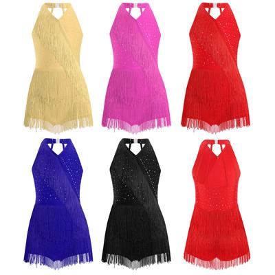 Girls Latin Jazz Dance Costume Halter V-neck Tassel Jumpsuit Glittery Rhinestones Fringe Dancing Leotard for Figure Skating