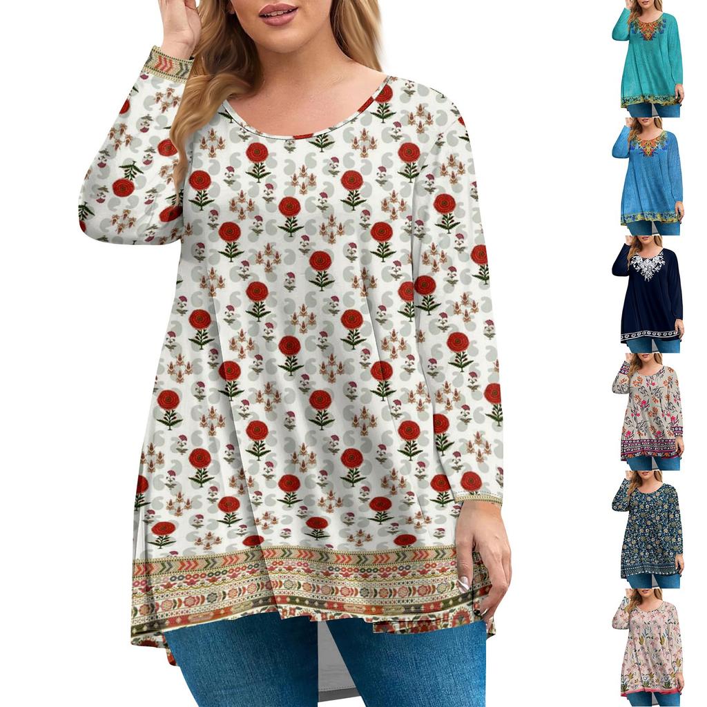 Women's Plus Size Top, Garden Collar Long Sleeved Shirt, Fashionable Floral Print Casual Top