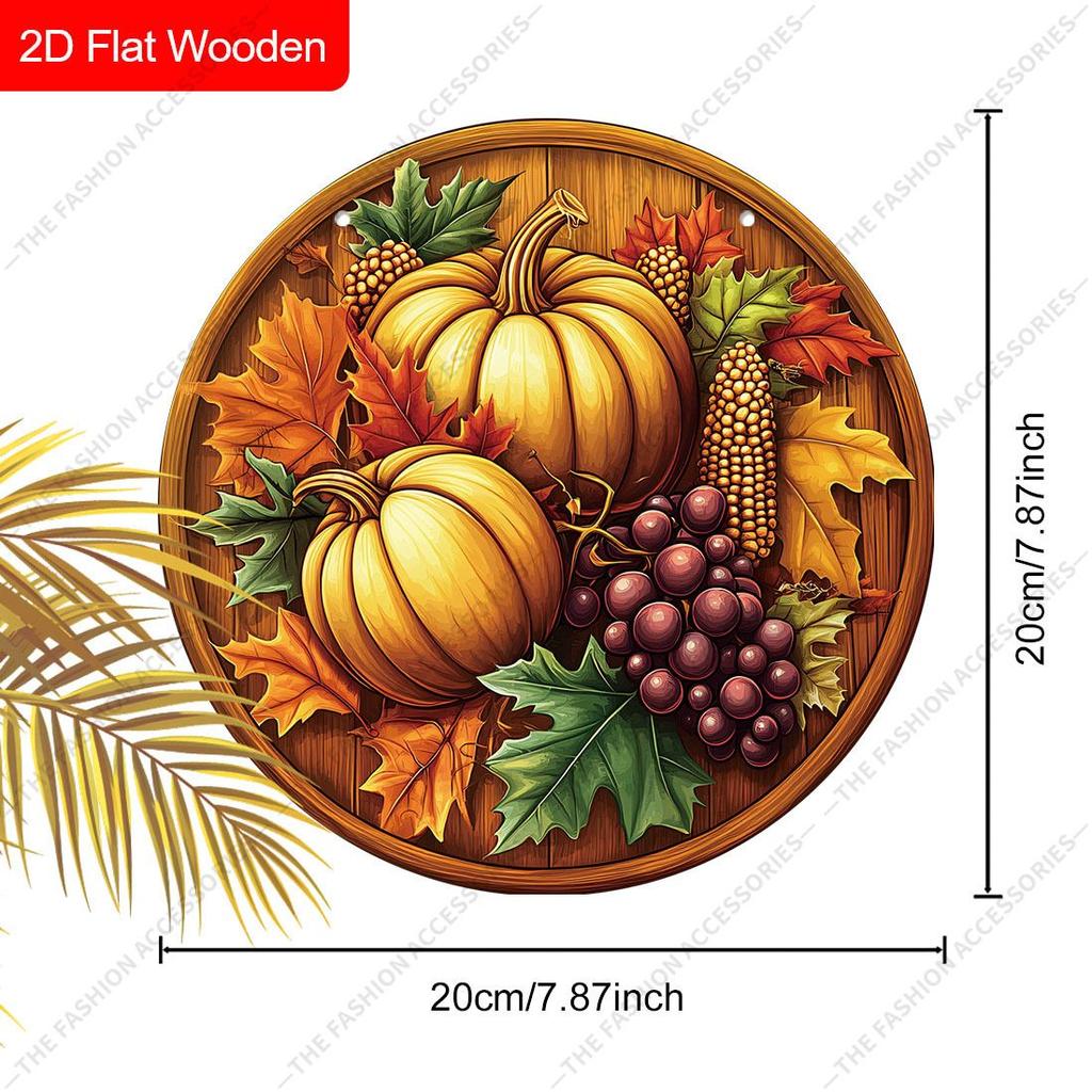 Pumpkin Grape Corn Harvest Round Wooden Hanging Sign, Autumn Door Wall Decor