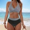 Ladies' Detachable Chest Cushion High Waist Hanging Neck, Printed Color Blocked Split Swimsuit High Waisted Bikini Two-Piece Set