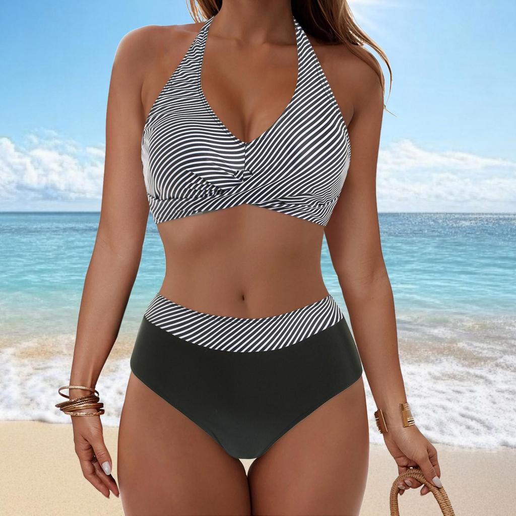 Ladies' Detachable Chest Cushion High Waist Hanging Neck, Printed Color Blocked Split Swimsuit High Waisted Bikini Two-Piece Set