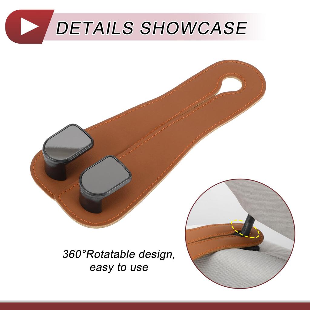 HEROFFIX Car Seat Headrest Hook for Water and Shopping Bags Sturdy Car Seat Back Organizer Hook Brown Faux Leather (1pc) Wallets, Bags, Keys, Bottles,