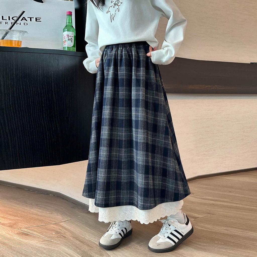 Girls' Plaid Wool Blend Midi Skirt - Autumn/Winter 2025 Fashion