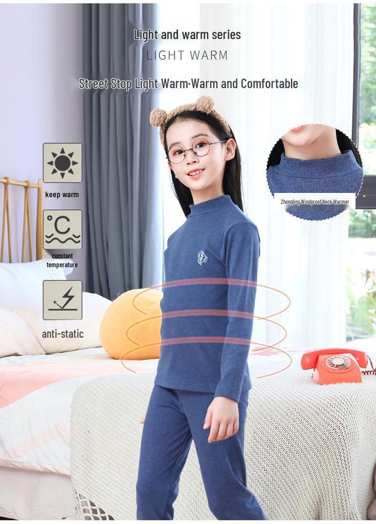 Kinder Thermo-Set mit gebürsteter Innenseite und mittelhohem Kragen: Warmes einfarbiges Oberteil & Unterteil für Jungen und Mädchen