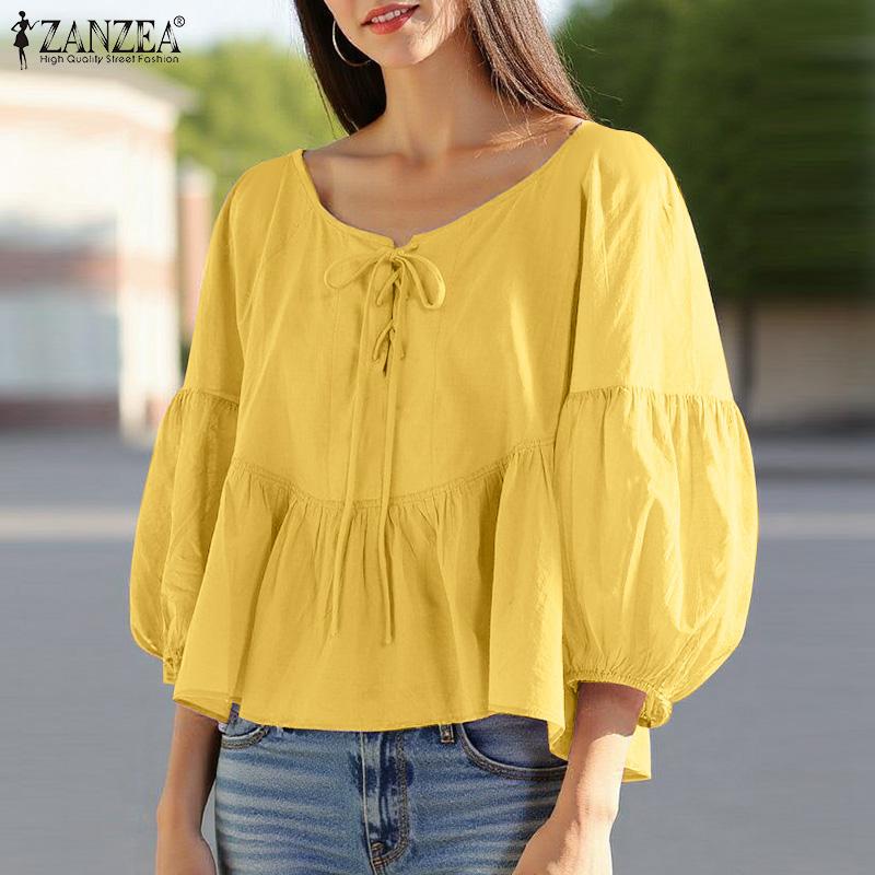 ZANZEA Dámské vintage halenky s kulatým výstřihem, lucernou a 3/4 rukávem a zavazováním