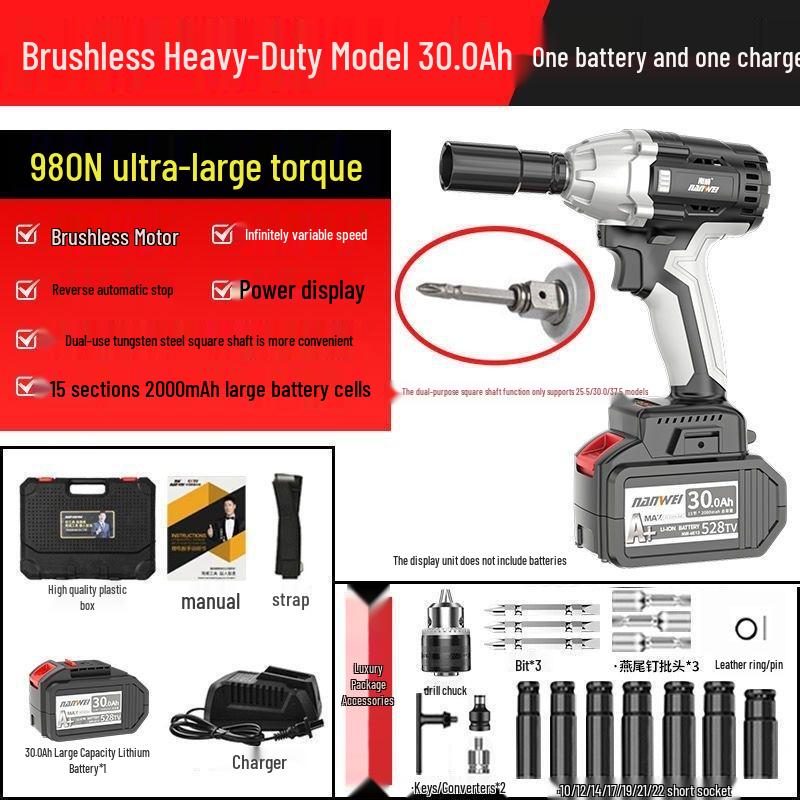 Nanwei Brushless Electric High Torque Impact Wrench Set with Lithium Battery and Charger for Construction and Car Repair