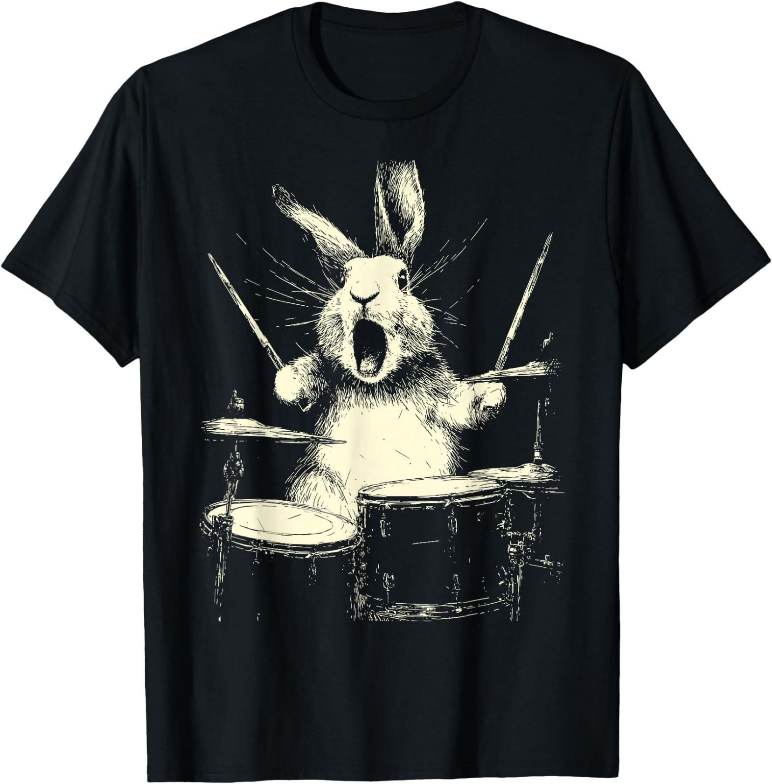 Cute Rabbit Playing Drums Funny Music Animal Drummer Graphic T- Unisex T-Shirt XL