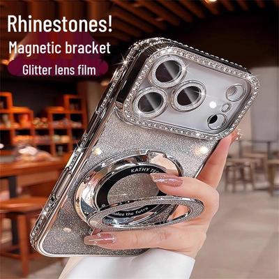 iPhone 17 Pro Max Glitter Rhinestone Magnetic Stand Case with Lens Film, Drop-Proof, Soft