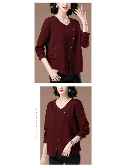 Damen Übergröße V-Ausschnitt Langarm Locker geschnittenes T-Shirt für Frühling & Herbst - Schlankmachende, Bauch kaschierende Basisschicht (Stil 6318)