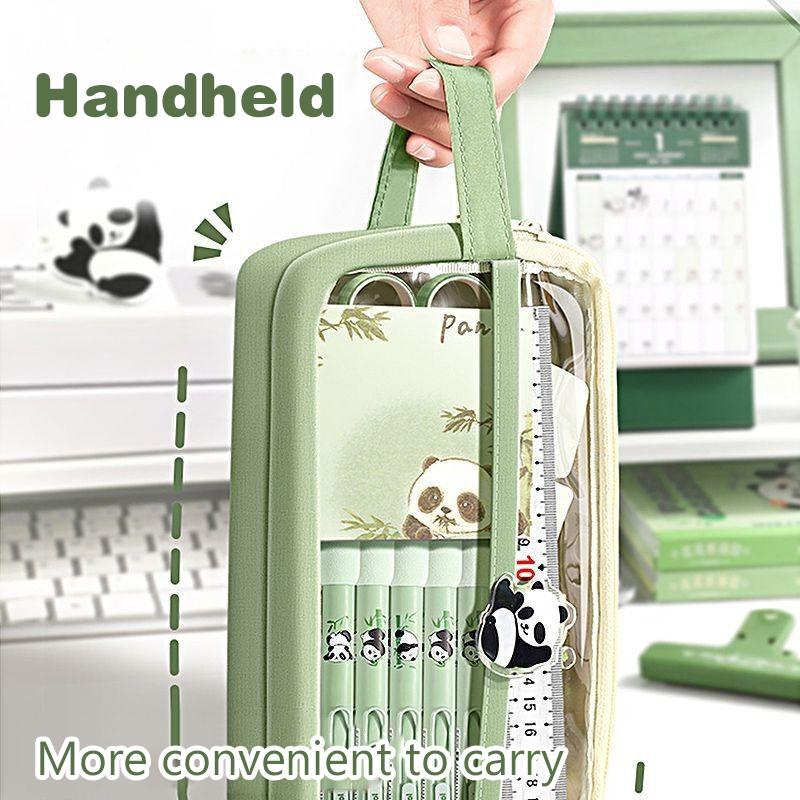 Handheld Double Layer Transparent Pencil Case Pen Bag Hitting Color Square Storage Pouch For Stationery School