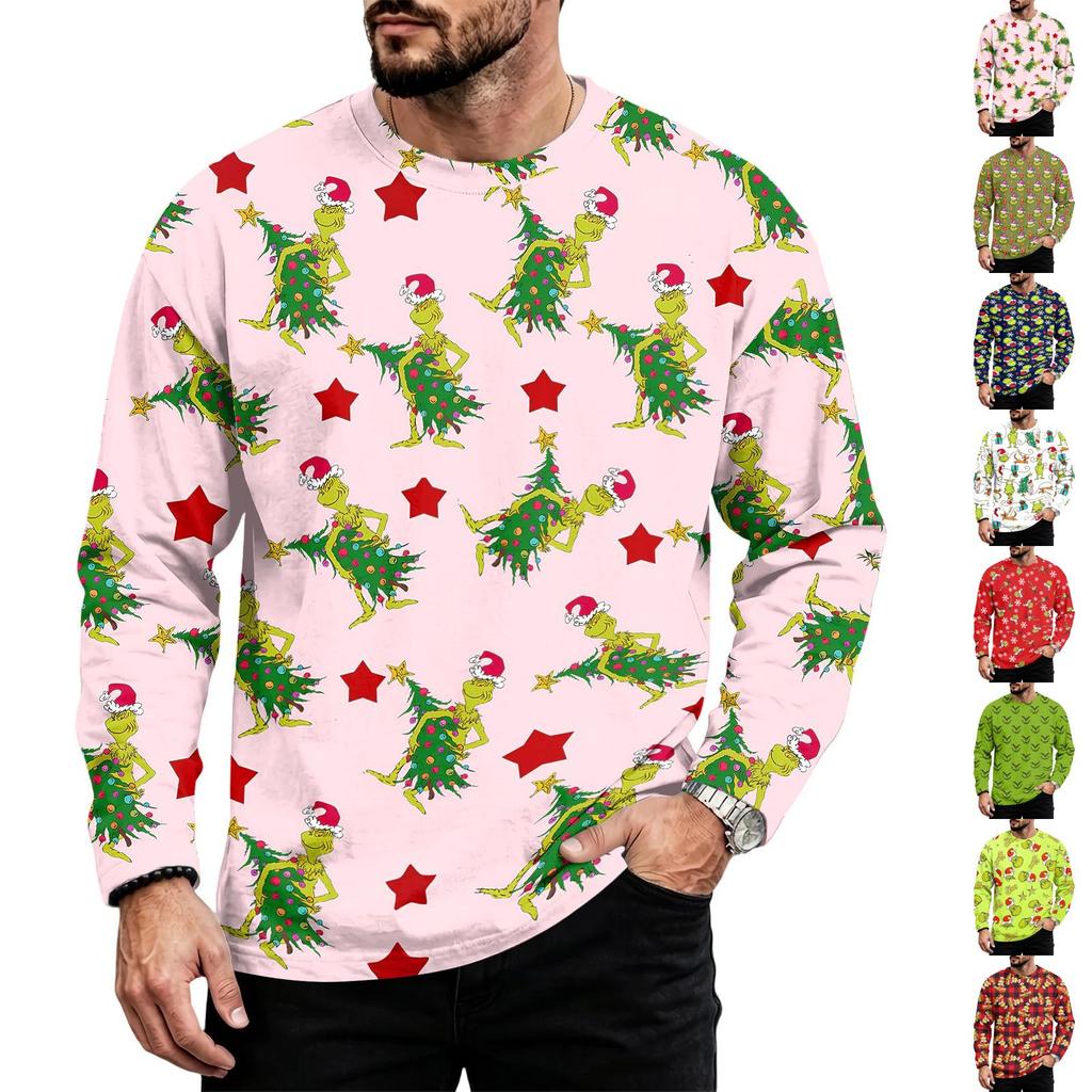 Men's Casual Loose Fit Long Sleeve Neck Tee with Christmas Print for Fall Winter