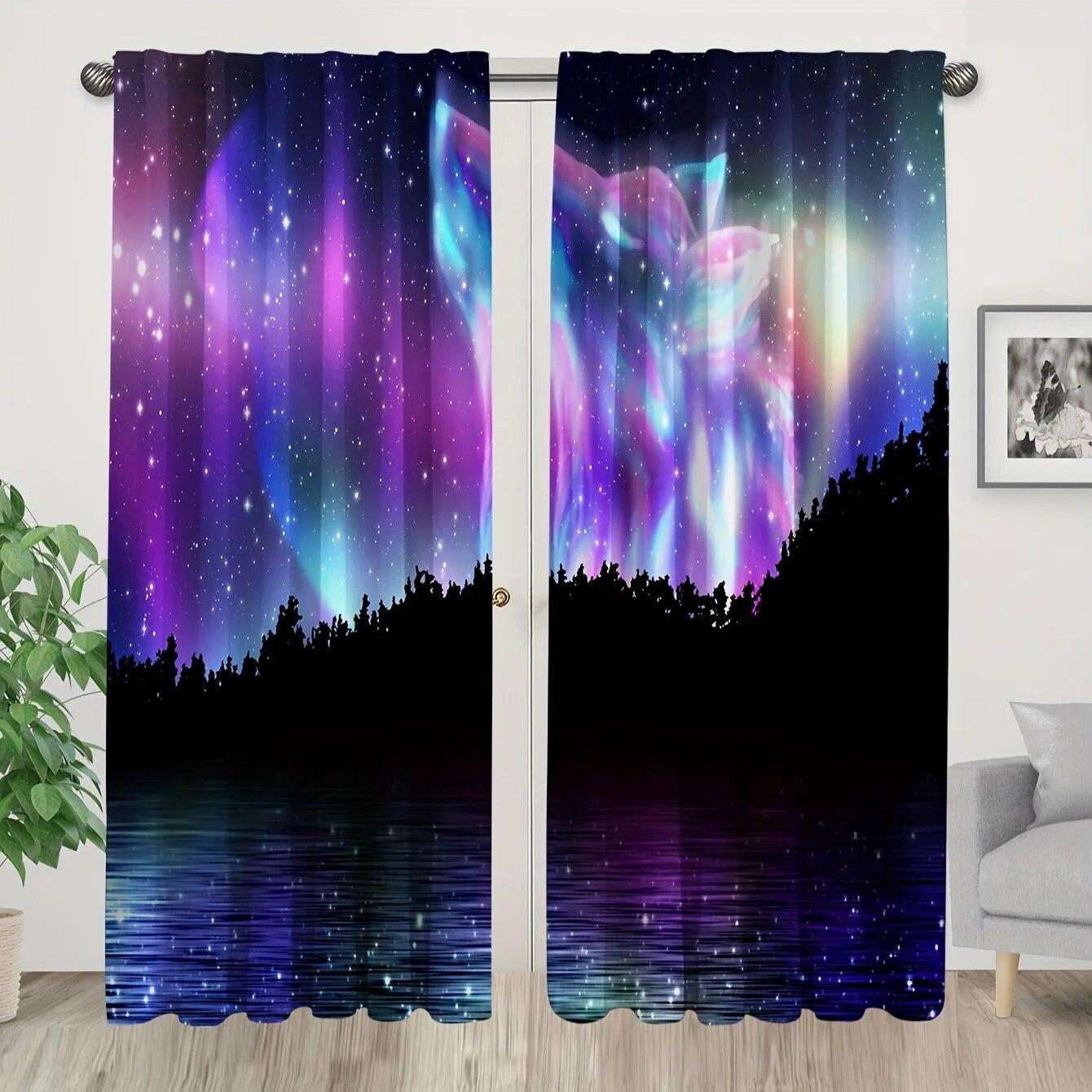 

2 шт., занавеска с принтом «волки, лунный свет, лес» и карманным креплением, шторы с цифровым принтом, полиэстер, материал для гостиной, кухни W50xH130(CM)x2PCS-Grommet Top