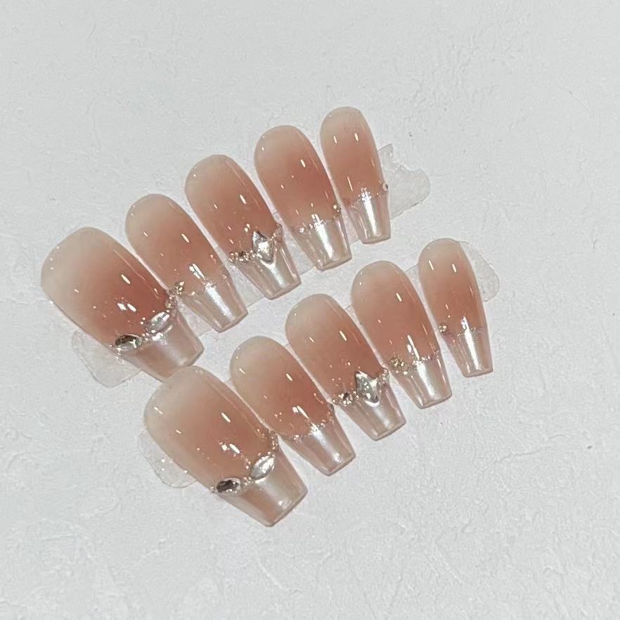 Wearable Handmade Magic Mirror French Flashing Diamond Blush Nail Art Removable Fake Nail Plate