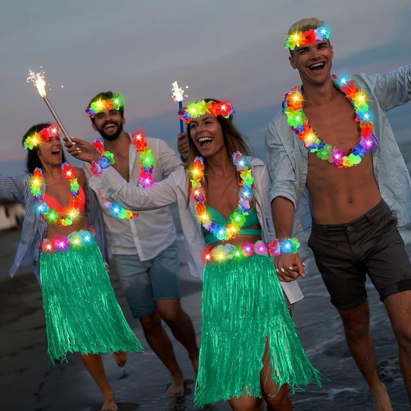 36Pcs LED Light‑Up Hawaiian Flower Lei Necklace, Random Color Floral Garland, Tropical Decor for Party, Evening Events and Camping