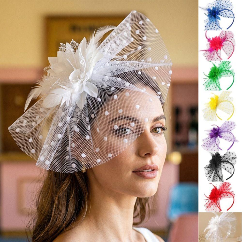 French Mesh Flower Headband Exquisite Feather Hairpiece Bride Headdress Stage Performance