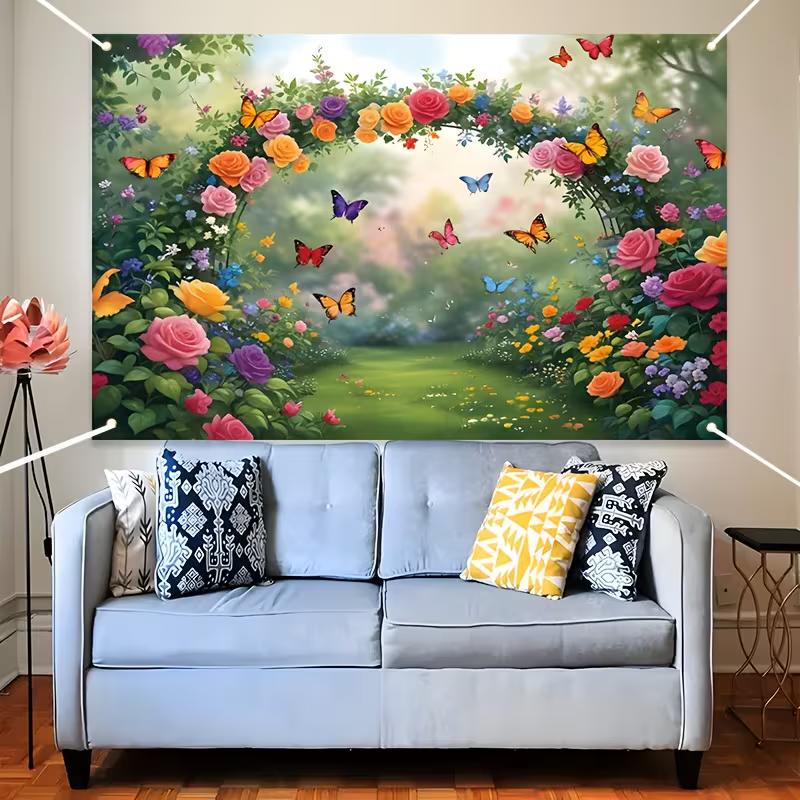2D Fairy Tale Floral Arch Background, Enchanted Garden with Butterflies Themed Backdrop