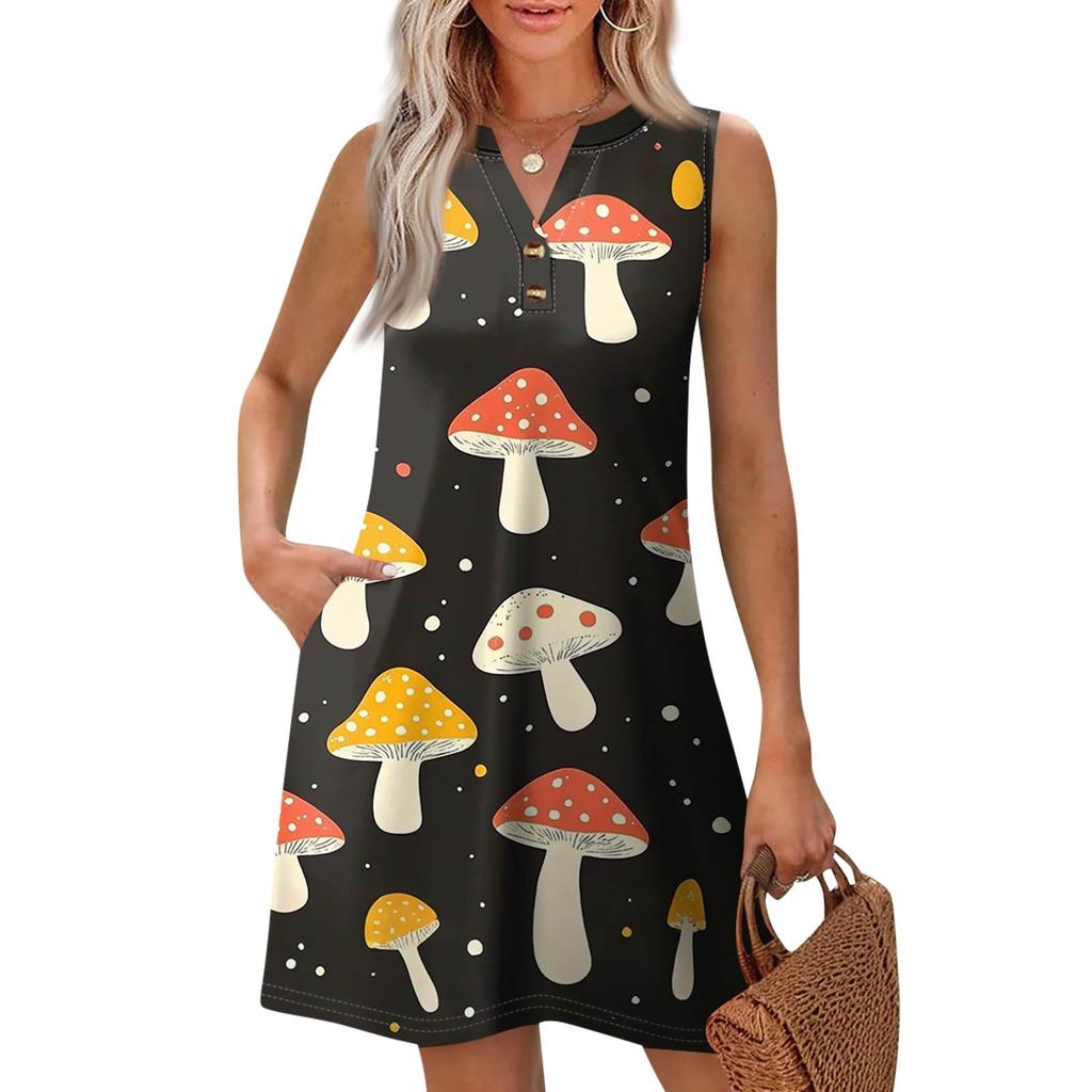 Women's Fashion Casual Printed V-Neck Button With Pocket Vest Sleeveless Dresses