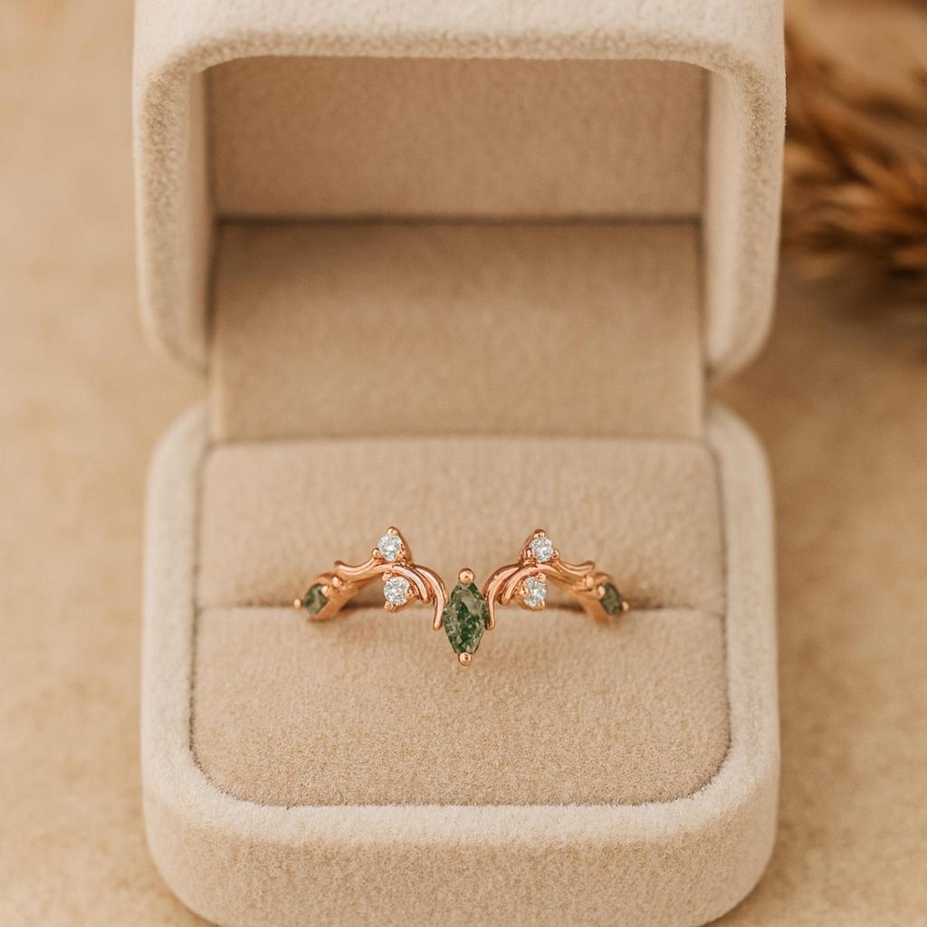 Marquise Moosachat Chevron Ring – CZ-Akzentuiertes Roségoldplattiertes 925 Sterlingsilberband – Einzigartiger grüner Edelstein Verlobungsring