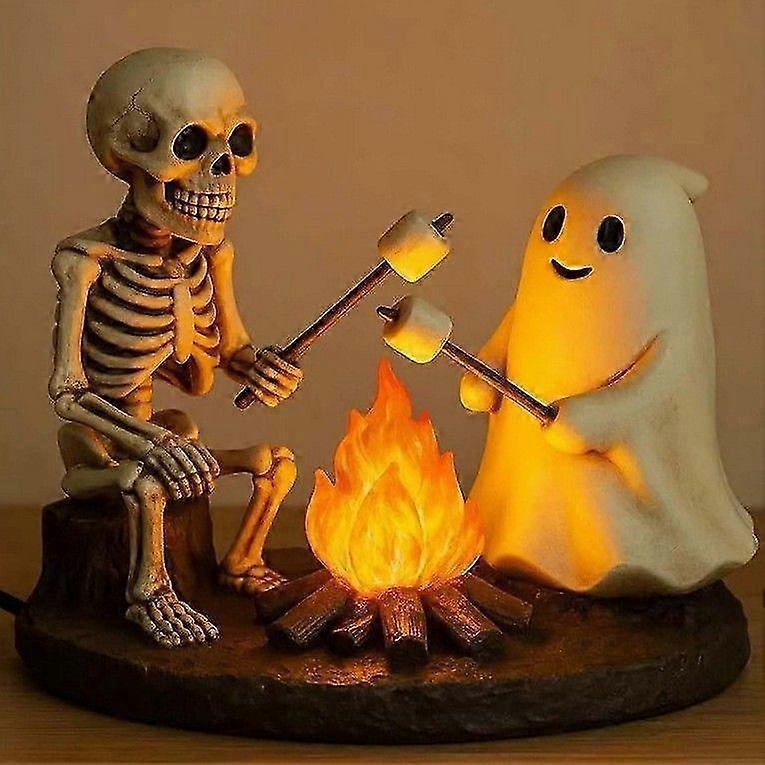 Skeleton and Ghost Bonfire Night Lamp, Halloween Ghost Skeleton Campfire Night Light, LED Ambience Nightlight Decorations for Desktop Bedside Living R