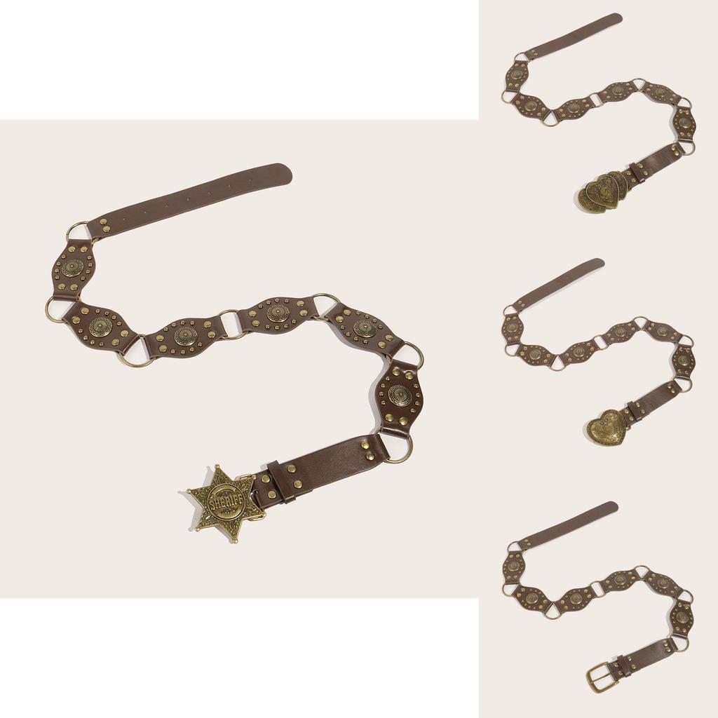 Bold Street Style Hollow Circle Pu Leather Belt With Antique Brass Buckle For Women