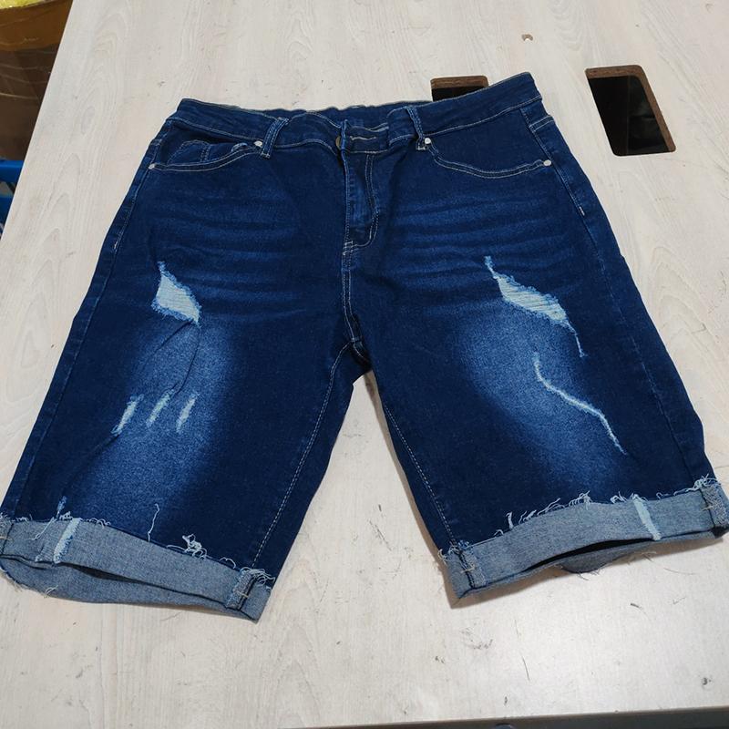 Men Fashion Casual Straight Hole Straight Flocking Denim Short Trousers Casual Slim Fit Daily Wear Joggers Mid Waist Solid Color Jean