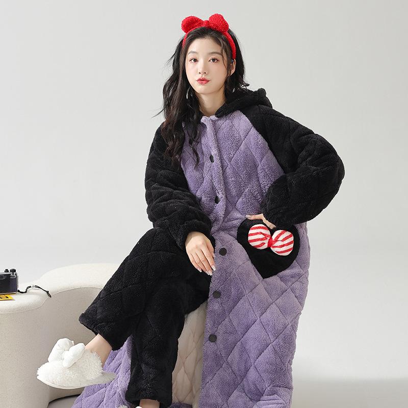 Noční košile Žena Podzim Zima Tři vrstvy Silné se Sametovým Korálovým Sametem Bavlna Dlouhé Termální Župan Pyžamo ve stylu Princezny